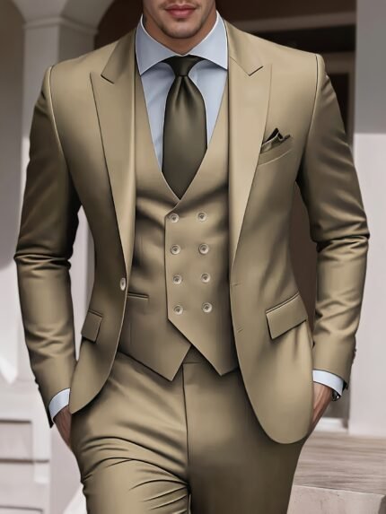 3pcs Men'S Solid Color Suit Set, Light Business Elegant Wedding Suit