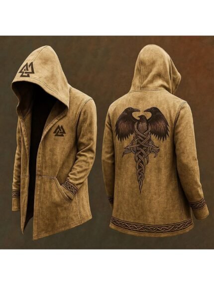 Men's Medieval Norse Mythology Viking-Inspired Hooded Cardigan Motorcycle Jacket - Full-Zip Long Sleeve Coat with Celtic Knot & Rune Design, Loose Fit Streetwear for Autumn Winter, Casual Daily Wear & Themed Events (Hand Washable), Durable Outerwear, Hand Washable Fabric