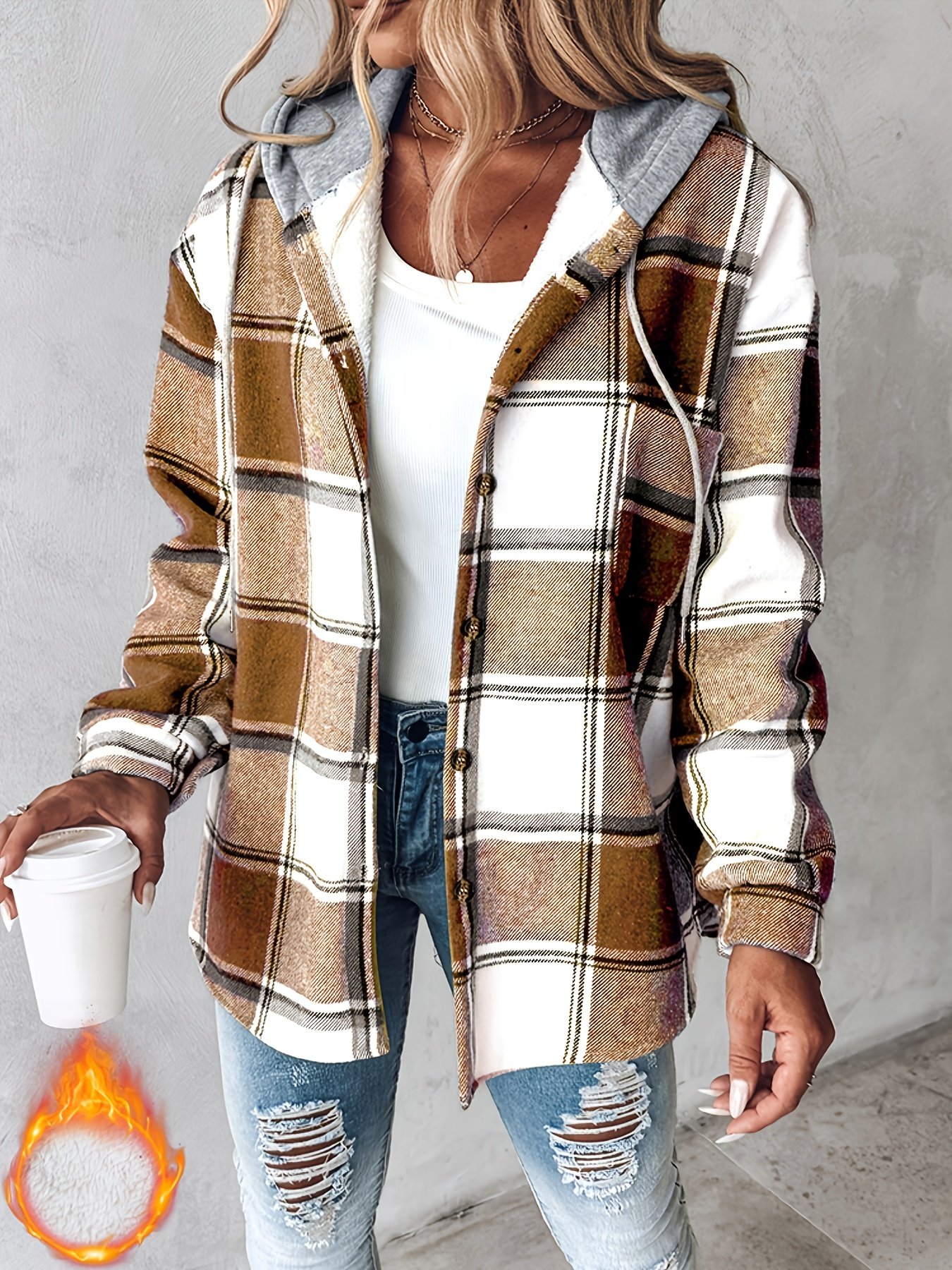 da38b240-92b8-4b8a-aea7-97e525c514d0-1.jpg Women's Plaid Hooded Jacket with Fleece Lining - Cozy Winter Coat, Adjustable Drawstring Hood & Button Front, Casual Warm Outerwear for Fall and Winter, Machine Washable (Brown/Beige/White/Black), Seasonal Fashion, Cold Weather Coat, Buttonfront Coat, Durable Fabric, Casual Attire - Image 1