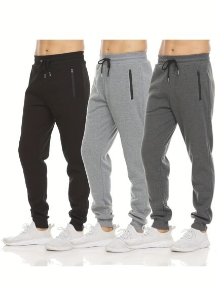 3pcs Mens Sweatpants Fleece Casual Sport Joggers For Men Athletic Pants With Zipper Pocket S-3XL