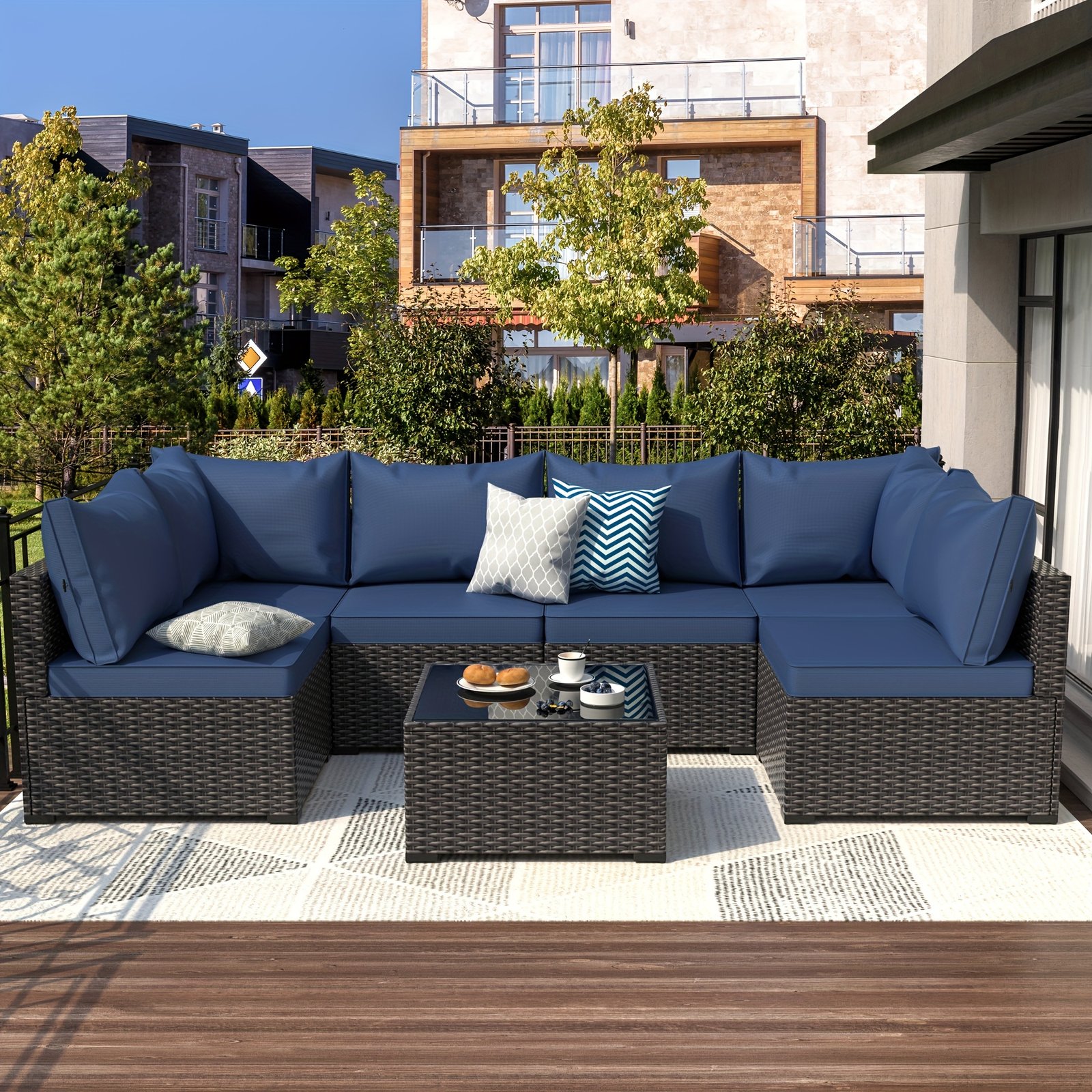 dcf71058-0c34-466b-ac45-339a99670fb4-1.jpg Patio Furniture Set, 7pcs Outdoor Couch with Glass Table Wicker Patio Furniture PE Rattan Patio Conversation Set All Weather Sectional Porch Sofa with Washable Cushion for Balcony, Couch For Living Room, Modular Sectional Sofa, Sofa For Living Room, Patio Conversation Area, Backyard Lounge Setup, All Weather Furniture, Rattan Look Furniture, Glass Table Accent, Washable Cushion Design, All-Weather Dur - Image 1