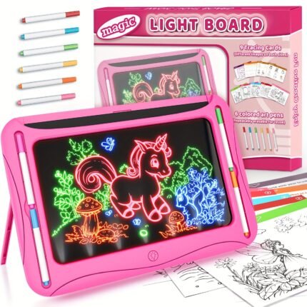 LED Light-Up Drawing Writing Doodle Board, Learning Travel Toy with 9 Double-Sided Cards, 6 Markers, Art Set, Suitable for Birthday Gifts And Christmas Gifts for Girls And Boys Aged 3-8.