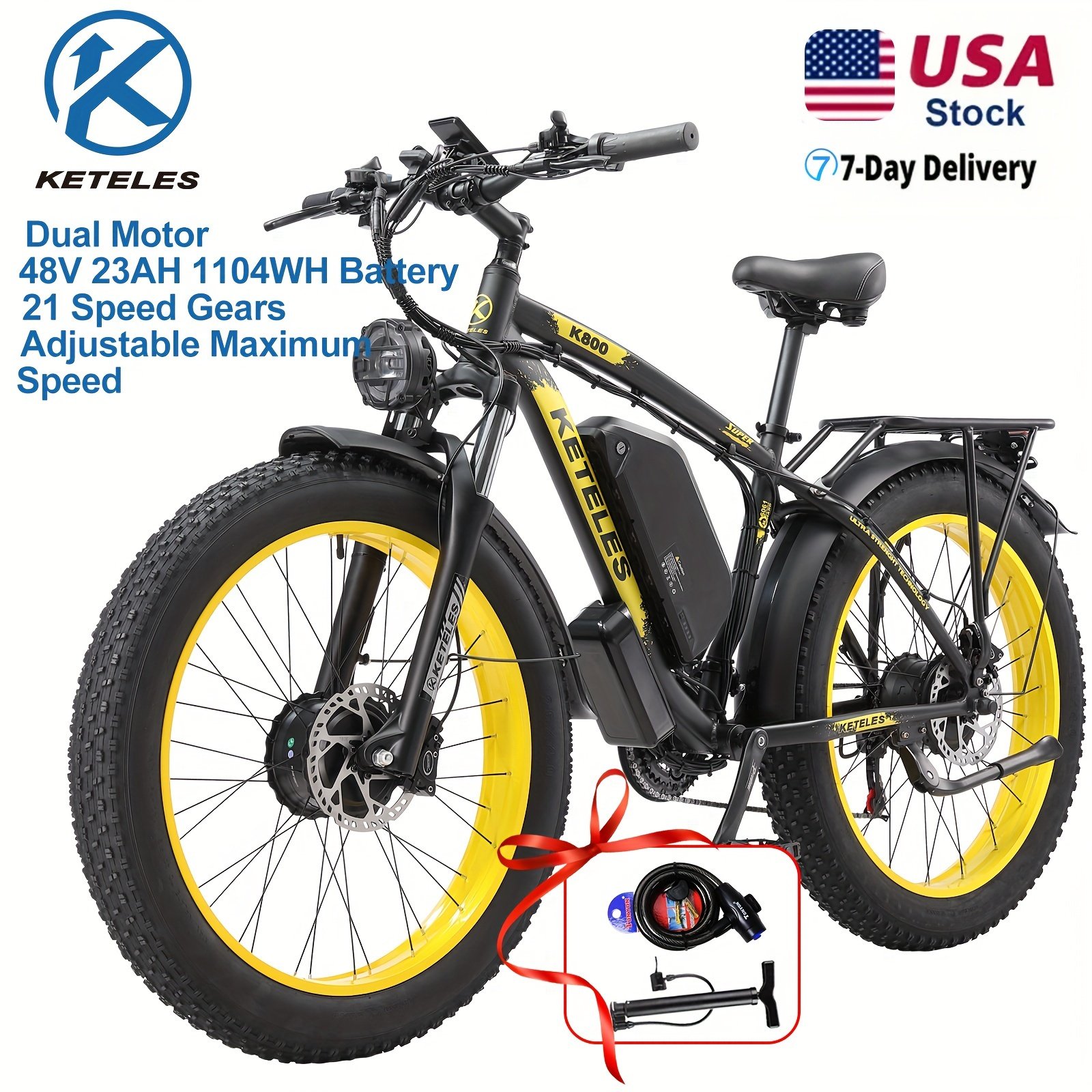 dde3758f-8caf-4fc9-976d-fd88b279aeb1.jpg KETELES Adult Electric Bike with Dual Motor 170 NM Torque & 48V 23AH Battery - 26" All-Terrain Tire Mountain Bike, 21-Speed Shimano System, 50-Mile Range, Front/Rear Motor, Heavy-Duty Alloy Frame, Global Voltage Compatible (US Plug) - Men's & Women's E-Bike for Commuting, Off-Road, Snow, Sand, Mud - Ideal Gift for Christmas, Father's Day, Independence Day, Bicycle for Women, Bicycle for Men - Image 1