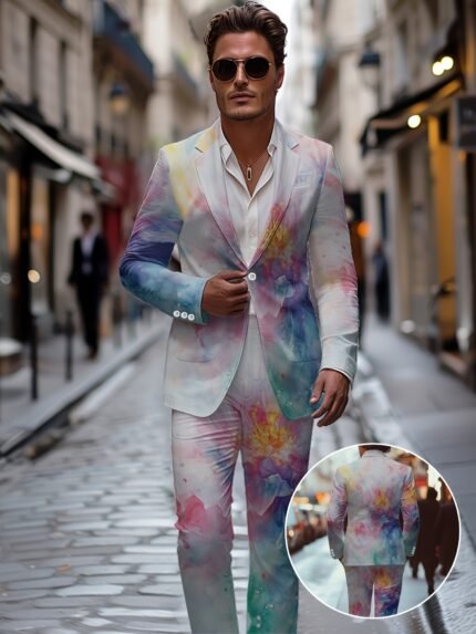 Men And Women Slim Fit Nightclub Style Suits, Christmas Fashion Western-style Clothes Autumn Winter Party Digital Printed Jacket And Long Pants 2pcs Set for Men Hip Hop Outerwear Clothes.