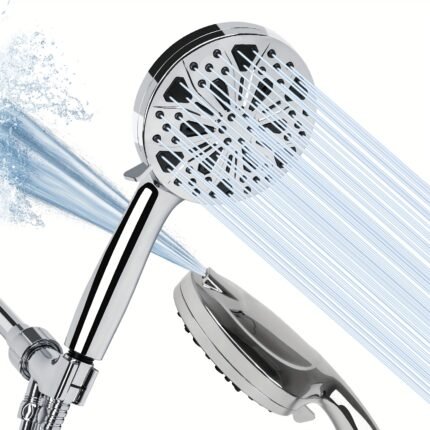 High Pressure 10-mode Handheld Shower Head, Built-in Power Wash For Tub, Clean Corners, Tile, Extended 5 Ft. Stainless Steel Hose, Wall & Overhead Mounts