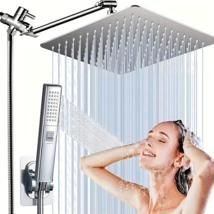 1set Shower Head Combo - Large 10 Inch High-Pressure Rainfall Shower Head, Adjustable 11 Inch Extension Arm, 2 Settings Handheld, Detachable Sprayer, Luxurious Rain Shower Head - Essential Bathroom Accessories, Bathroom Sets, Easy Installation