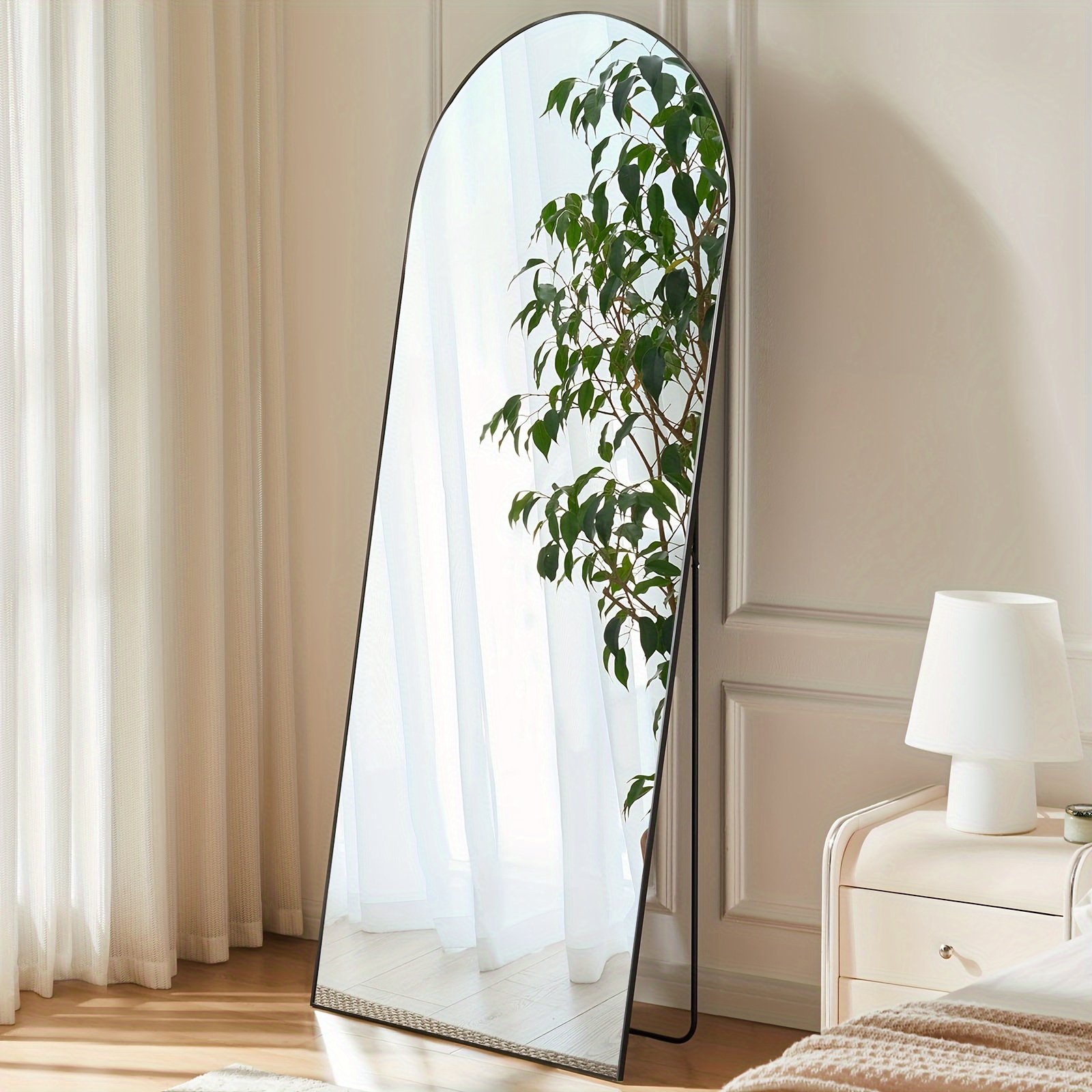 de86ebd0-e505-44ba-a6e6-10f929e17c0e-1.jpg Arched Full Length 64" X 21"/ 59"x16"Mirror With Stand, Floor Mirror With Aluminum Alloy Frame For Bedroom, Standing Full Body Mirror With Shatter-Proof Nano Glass For Wall, Living Room, Cloakroom - Image 1