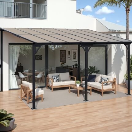 10'x 10' Gazebo For Patio, Lean To Gazebo Pergola On, Hardtop Wall-Mounted Awnings For Patio, Decks, Porch, Backyard