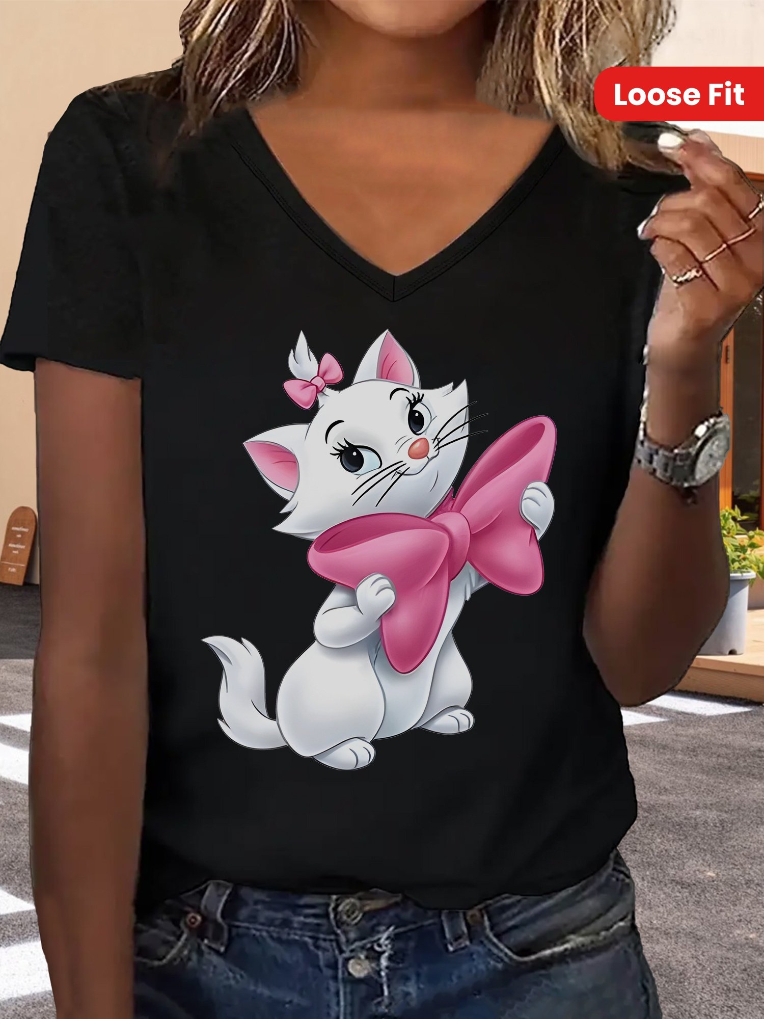 dee2538aa5c2d5feb4e01a808154d3ff_V34J9aae1yMTE.jpg Marie the Cat Women'S V-Neck T-Shirt - Cute Cartoon Design with Pink Bow, Loose Fit, Short Sleeve, Pure, Perfect for Casual Daily Wear and Festivals, Casual Wear Tee | Playful Design | Soft Fabric, Shirts - Image 1