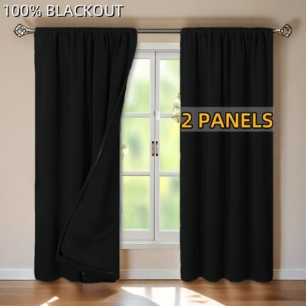 2panels, 100% blackout plain color minimalist rod pocket curtains with coated lining, suitable for living room, office, bedroom decoration, Christmas decoration, modern romantic decoration.