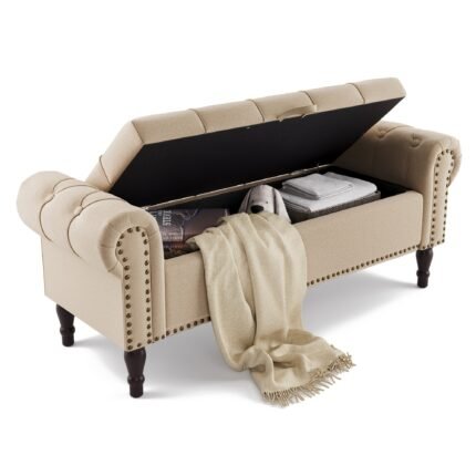 Storage Bench Ottoman, 50" Extra Long, Linen Fabric & Faux Leather, Rolled Arm Design