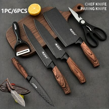 Professional 1/6 Kitchen Knife Set, Chef's Knife, Slicing Knife, Scraper And Scissors, Stainless Steel Super Sharp, with Anti-stick Ergonomic Wooden Handle, Chef's Knife Set, Suitable for Family Travel, Gift Box Set