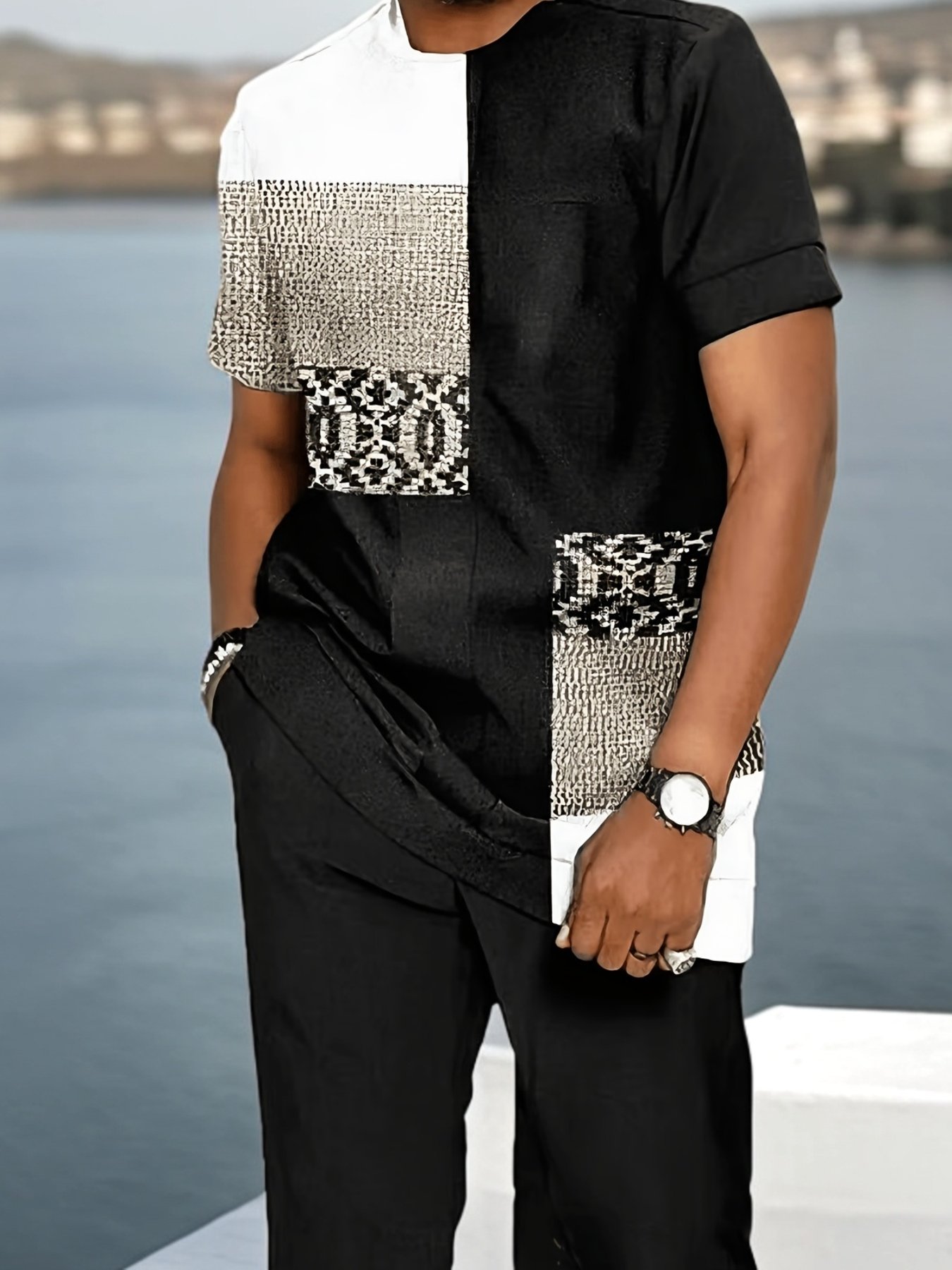 df39f59e13215e7c547f2b054ae4d511.jpg 2pcs European And American Men'S New Fashionable Geometric Pattern Set, Suitable For Daily Wear, Comfortable And Breathable On The Streets - Image 1