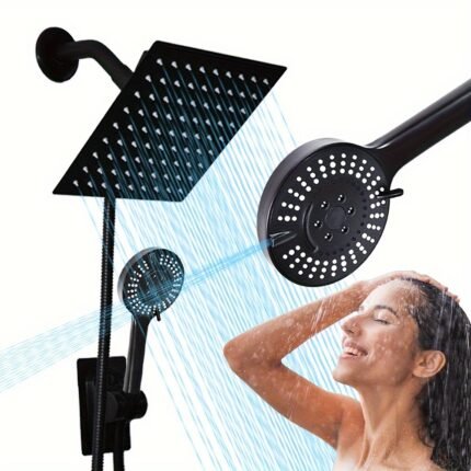 MLD 5pcs Luxury Shower System: High-Pressure Square Rainfall Head with 7 Spray Modes, Handheld Showerhead, Stainless Steel, Includes 59" Extra Long Hose & 3-Way Diverter - G1/2 Fit, Black or Chrome
