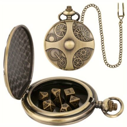 1pc Vintage Steampunk Mechanical Gear Pocket Watch Box with 7 Metal Dice - Alloy Mechanical Movement, 15.35" Chain & Decorative Display Window - RPG-Themed Gift for Gamers, D&D Collectors, Women & Couples - Non-Waterproof Watch Display Case with Detailed Craftsmanship, Gaming Accessories, Durable Construction