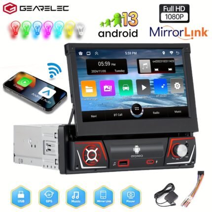 7 Inch 1 DIN Retractable Car Stereo Radio, Wireless CarPlay Android Auto, 2+32GB, HD Touch Screen Multimedia Player, Wireless WiFi FM Radio Receiver, GPS Navigation Split Screen.
