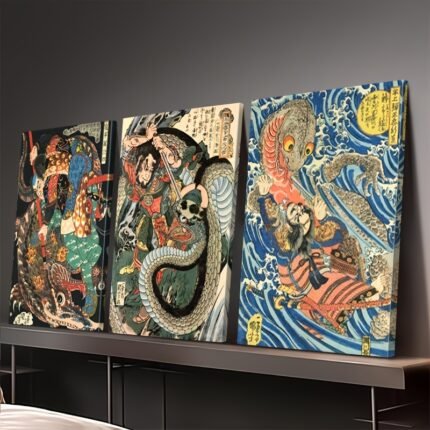 3pcs Framed Canvas Display - Elegant Japanese Art Print, Battle of Ninja and Giant Frog, Dynamic Wall Decor for Living Room, Bedroom, Dorm, Coffee Shop, Bar, Framed Canvas Wall Art