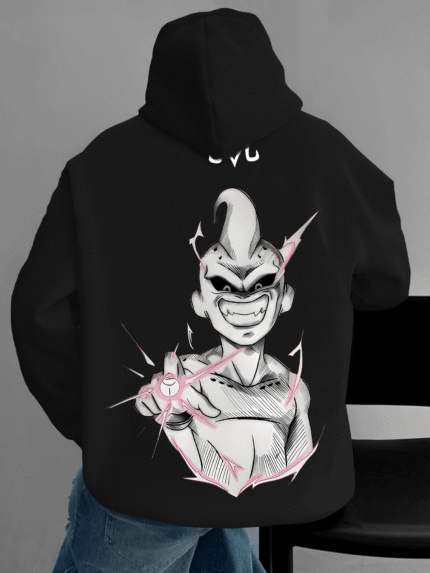 Men's Cartoon & English Letter Graphic Hooded Sweatshirt - 100% Polyester Knit, Loose Fit with Kangaroo Pocket, Slight Stretch, Machine Washable Casual Pullover for Autumn/Winter, Gaming & Casual Attire (Anime-Inspired Design)