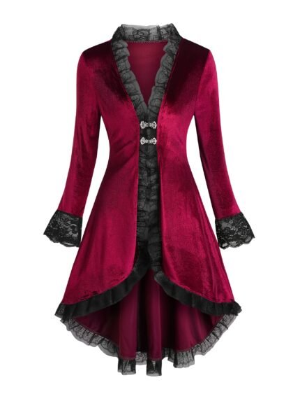 Gothic Lace Dress with Ruffled Sleeves and Layered Skirt - Purple Satin, Black Lace Trim, Button-Up Front, Vintage Style, All-Season Wear, Gothic Dress