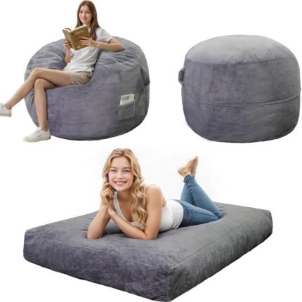 Luxurious Faux Fur Bean Bag Chair with Built-In Mattress - Convertible Sofa Bed for Adults, Includes Filler, Perfect for Living Room & Bedroom, Dark Gray
