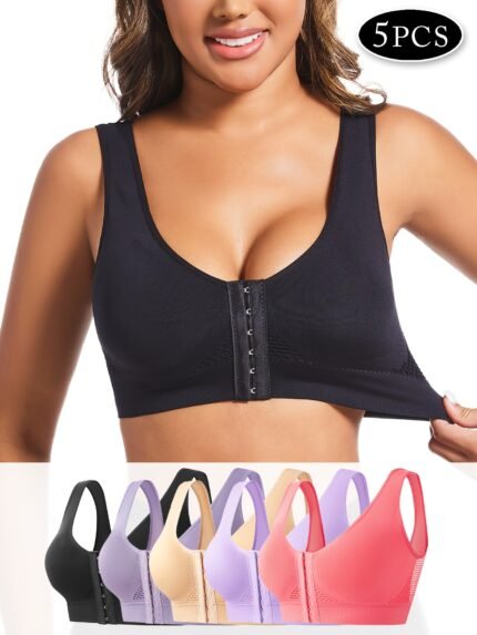 5pcs Women'S Front Closed Sports Bra Solid Color Wireless Seamless Breathable Mesh Band Serrated Pattern Full Coverage Comfortable Fit Sports Bra Comfortable Fit Hollow Breathable Bra Women'S Running Fitness Sportswear