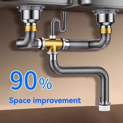 1pc 304 Stainless Steel Flexible P-Drain Valve, Double Bowl Sink Drain Pipe, Deodorizing Kitchen & Bathroom Pipe, Ideal for Toilet, Valentine'S Day Gift, Bathroom Fixtures|Modern Kitchen Accessory|Durable Pipe