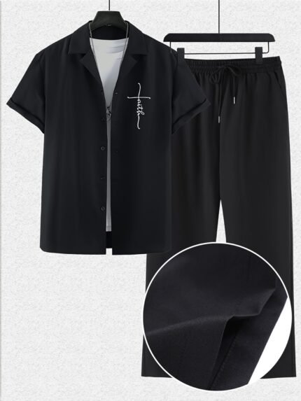 Plus Size Men's Casual Suit Set, Polyester Geometric Patterned Short Sleeve Shirt and Straight Fit Pants with Button Detail