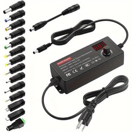 48W Adjustable Power Supply with 14 Heads, 3-24V Desktop Digital Display, US Plug, Male to Female Connector, Short Circuit Protection, 100V-240V Operating Voltage, 2-Pin Connector, No Battery Required, Power Adapter for Electronics