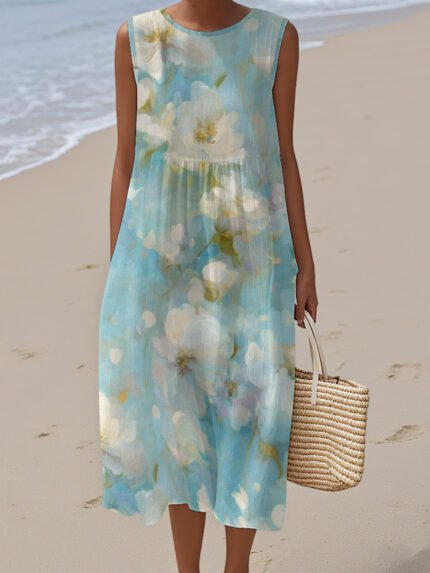 Plus Size - Plus Size Women'S Sleeveless Maxi Dress - Light Blue Floral Print, V-Neck, Flowy Summer Beachwear, Casual Y2K Style, Non-Stretch Fabric, Beach Dress