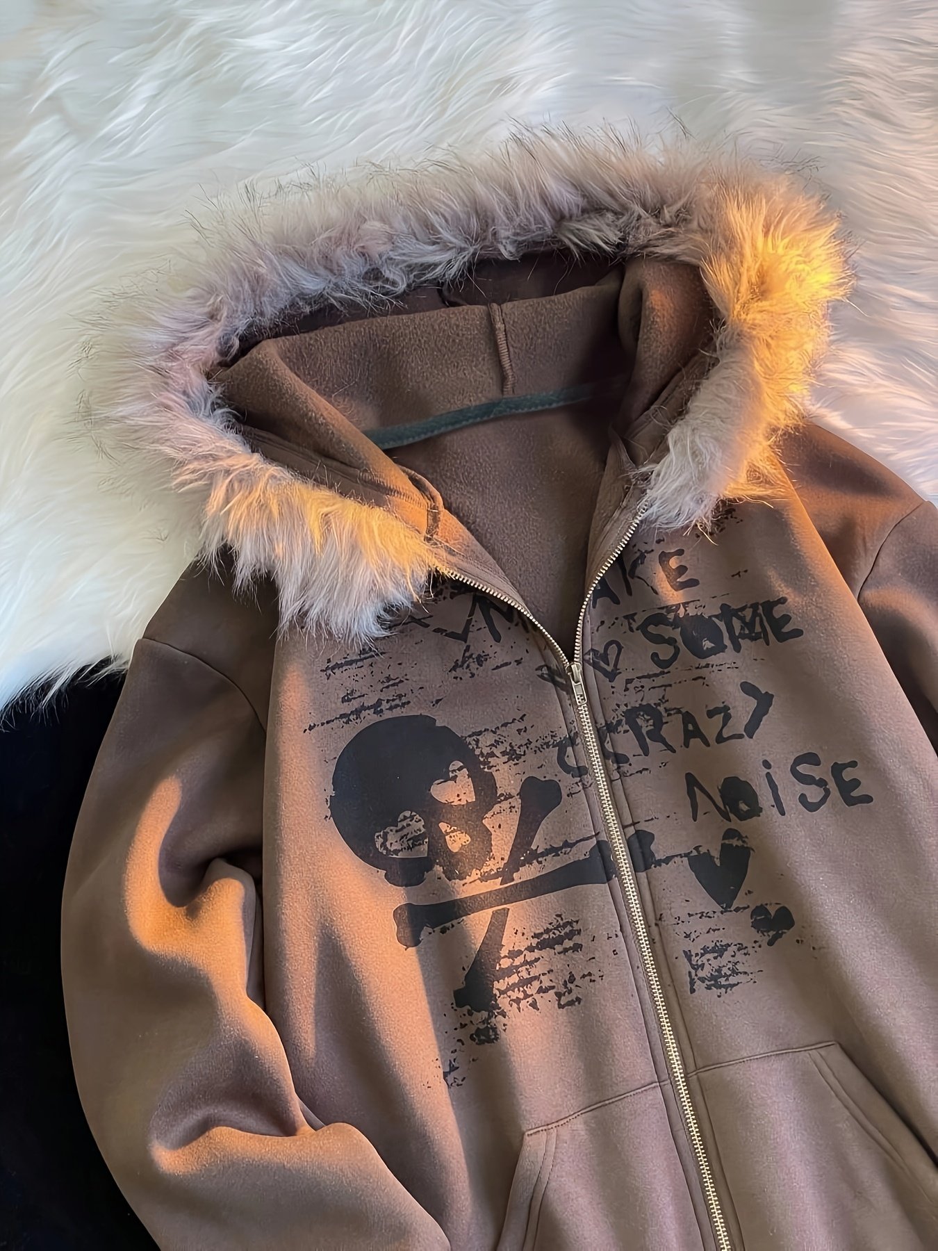 e2193933-5ad9-478f-9b9e-f255ebaf04f3.jpg Y2K Style Women's Hoodie with Faux Fur Trim, Long Sleeve, Loose Fit, Alphabet Print, Knit Fabric, Polyester 95%, Elastane 5%, All-Season Hooded Sweatshirt, Oversized Hoodie - Image 1