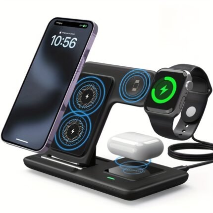 3-in-1 Wireless Charging Station for iPhone 15/14/13/12/11/Pro/Max/Mini/Plus, X, XR, XS/Max, SE, 8/Plus, for iWatch 1-9 & for AirPods 3/2/Pro - Magnetic USB Charger with Adjustable Stand, Compact Design, No Battery Needed, Compatible with Multiple Devices, Charging Station for Phone, Versatile Charging Solution, Modern Charging Station, Durable Charging Station, Phone Holder For Desk, Phone Holder Stand, Phone Stand