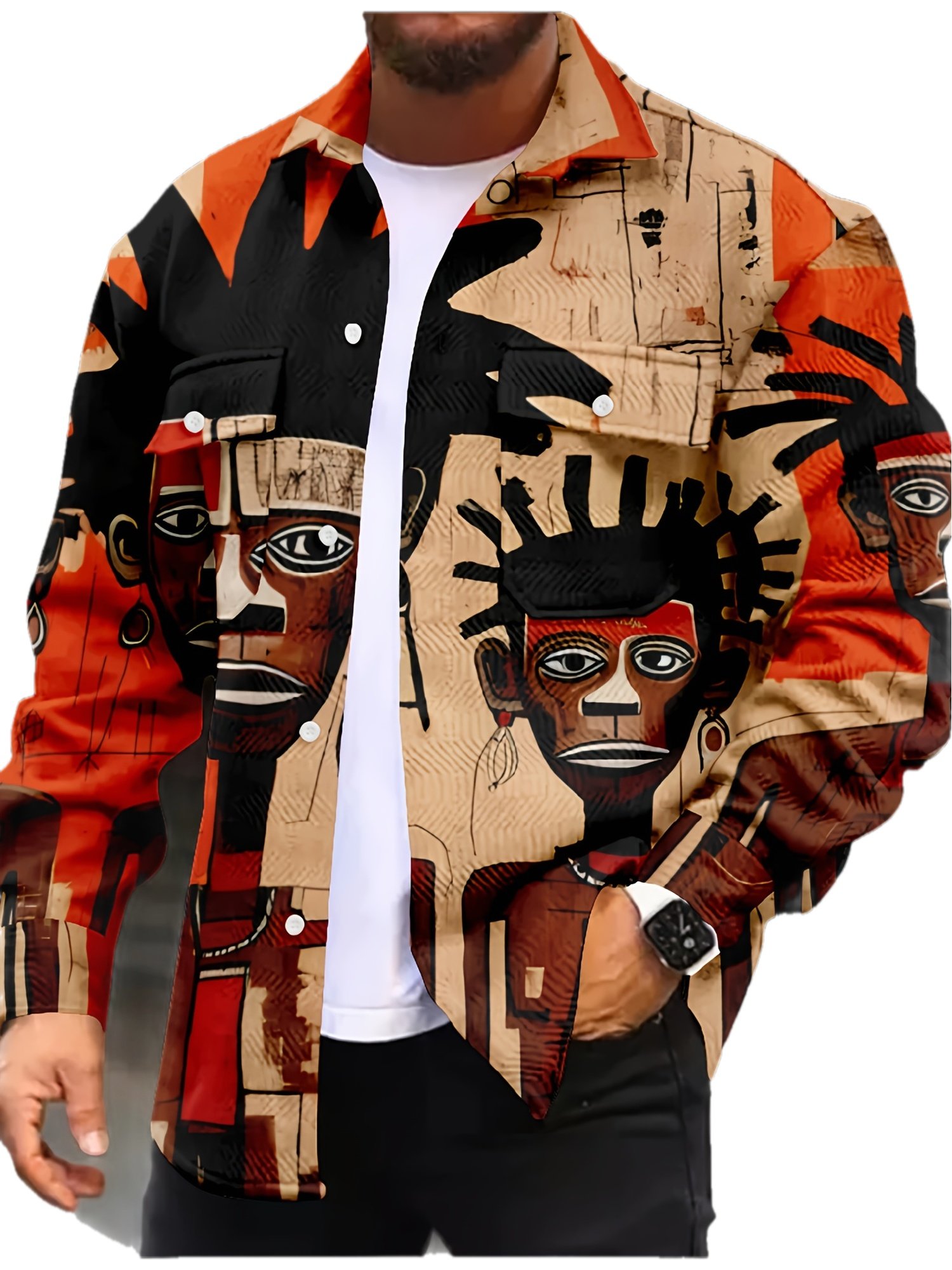 e2fc2acf03282d399ed76d528739a4c9.jpg Men's Abstract Dreadlock Character Print Jacket - Vibrant All-Over Tribal Design, Double Chest Pocket & Lapel Collar, Machine Washable Casual & Business-Casual Coat for Outdoor Daily Wear, Spring/Autumn Fashion (Regular Fit, Durable Hot Transfer Print) - Image 1