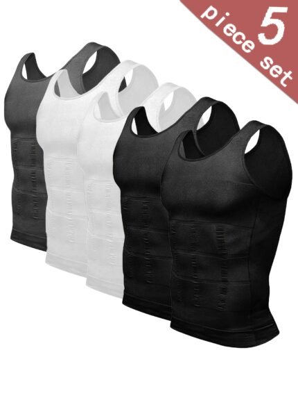 5-Pack Men'S Compression Shirts - Tummy Control Waist Trainer Vest, Sleeveless Body Shaper with Neoprene Filler, Medium Stretch Athletic Base Layer for Workout & Casual Wear, Ruched Design for Enhanced Support, All-Season Slimming Shapewear, Waist Trainer Shapewear, Sleek Appearance, Smooth Texture Fabric, Gym Clothing, Seamless Fit, Breathable Material, Fitness Apparel, Fitness Enthusiasts