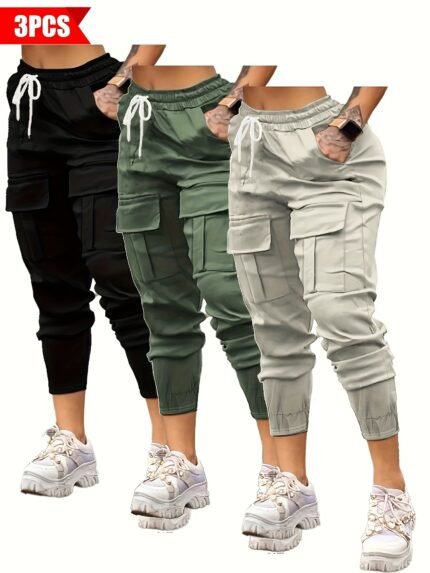 3-Pack Women'S Casual Cargo Pants, Solid Color Polyester Non-Stretch Woven Sports Style with Pockets, All-Season Drawstring Joggers for Adults