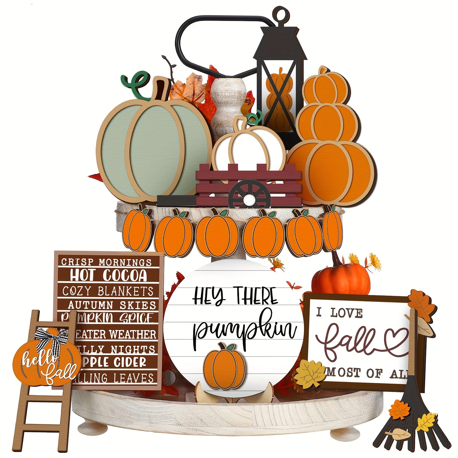 e3f1a9d7-8d03-4a24-adc0-106d13175fe0.jpg 16pcs Thanksgiving Fall Tiered Tray Decorating Set - Fall Pumpkin Leaf Rustic Farmhouse Decorative Tray - Home Kitchen Wooden Tabletop Sign (Rustic) - Image 1