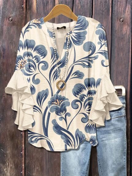 Plus Size, Women's Elegant Blouse - Non-Stretch Loose Fit Shirt with Lotus Floral Print in Navy/Beige, V-Neck Blouse for Casual & Formal Outfits, Breathable Office Vacation Top - Plus Size Friendly Everyday Women's Clothing, Autumn Wear, Pleated Sleeves, Comfortable Wear, Versatile Clothing