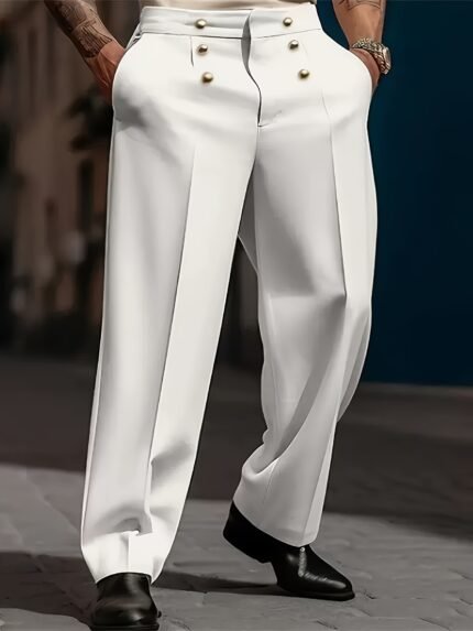 Men's Vintage Formal Trousers - Wide-Leg Pants with Metallic Buttons, Elegant Gentleman's Pants for Wedding, Gala, Business - Machine Washable Non-Stretch Fabric - All-Season Formal Attire, Gala Outfit, Classic Design, Polished Finish, Dressy Bottoms, Professional Men