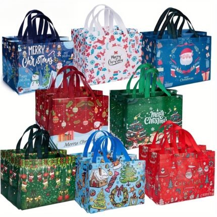 8/16pcs Large Christmas Gift Bags with Handles, Reusable Non-Woven Holiday Shopping Totes for New Year & Xmas Party Decorations, 12.8''×9.8''.6, Holiday Decorations, Festive Party Supplies, Decorative Gift Bag, Festive Design, Sturdy Construction, Lightweight Material, Gift Packaging, Event Organizers, Party Planners