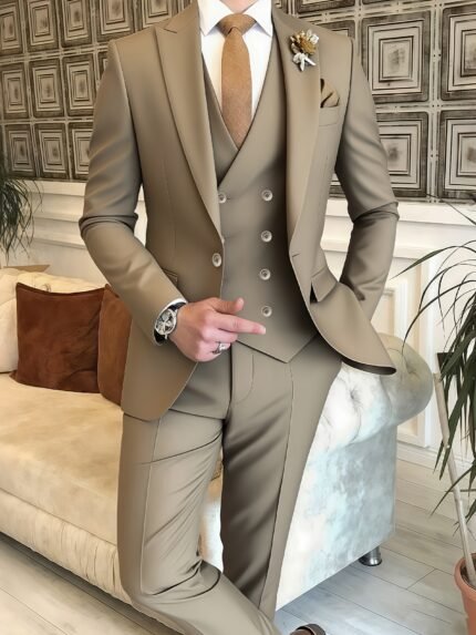 3pcs Men'S Solid Color Suit Set, Light Business Elegant Wedding Suit