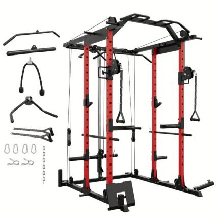 8-IN-1 Power Rack Cage, a 1500 Lbs Weight Rack Featuring a Cable Crossover Machine, Multifunctional Squat Rack Equipped with J Hooks, Dip Bars, And a Landmine Attachment for Home Gym Use (Red)