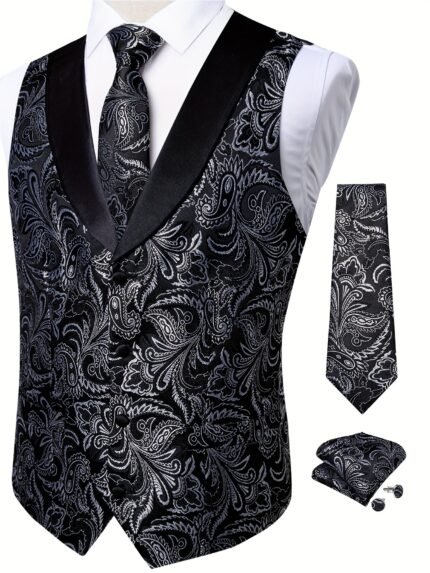 Retro Shawl Collar Purple Paisley Vest for Man Business Causal Men'S Single Breasted Waistcoat wth Necktie Pocket Square Cufflinks