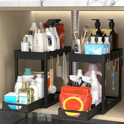 2pcs Under Sink Organizer - Multi-Purpose, 2 Tier Sliding Cabinet Basket, Metal Pipe, 8 Hooks for Kitchen And Bathoom Under Sink Organizers And Storage