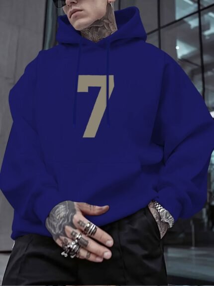 Men'S Casual Red Hoodie with "7" Graphic - Cozy Fall/Winter Sweatshirt, American Streetwear Style, Relaxed Fit, Geometric Pattern, Machine Washable, Sweater Hoodie