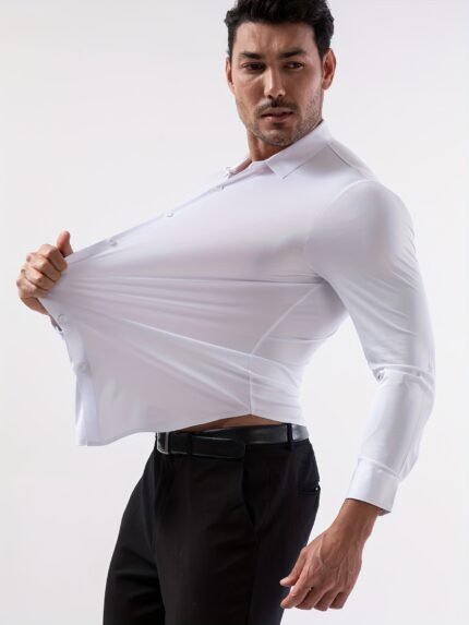 Men's High-Stretch Wrinkle-Resistant Long Sleeve Dress Shirt - 88% Polyester/12% Spandex, 160gsm Heavyweight, Single-Button Closure, White & Light Colors, Business & Formal Casual Shirt for Men, All-Season Comfort Fit, Machine Washable, Classic Collar & Cuff Design, Versatile for Business or Casual Attire, Smooth Texture & Tailored Look, Suitable for Casual Outings & Formal Events, Plus Size Shirts For Men, Formal Shirts For Men High Quality,