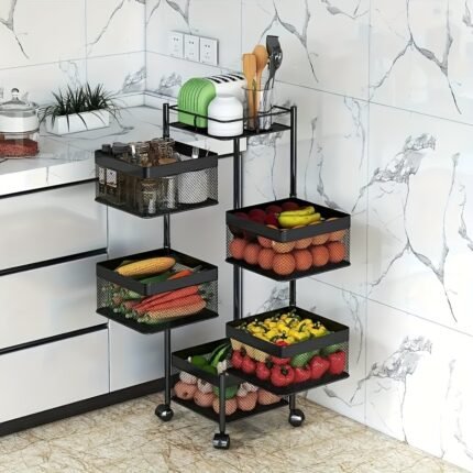 5-Tier Rotating Kitchen Storage Shelf - Metal Wire Mesh & Black Square Baskets on Wheels, Multi-Purpose Floor-Standing Organizer for Fruits Vegetables Utensils, Space-Saving Modern Design for Kitchen Bathroom Pantry, Versatile Trolley | Rotating Storage | Functional Organizer, Kitchen Organizers And Storage