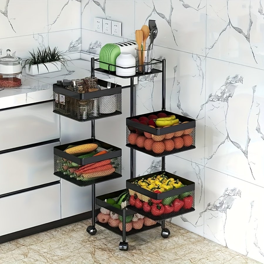 e847ce1d-05e7-41f2-b035-616de0ec8ff4.jpg 5-Tier Rotating Kitchen Storage Shelf - Metal Wire Mesh & Black Square Baskets on Wheels, Multi-Purpose Floor-Standing Organizer for Fruits Vegetables Utensils, Space-Saving Modern Design for Kitchen Bathroom Pantry, Versatile Trolley | Rotating Storage | Functional Organizer, Kitchen Organizers And Storage - Image 1