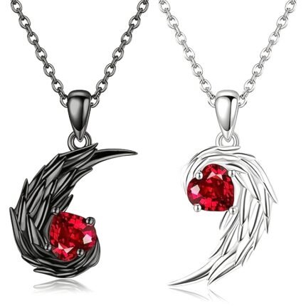 Couple splicing two tone collarbone chain with, red peach heart, black and white feather wings, heart-shaped pendant, Valentine's Day necklace gift