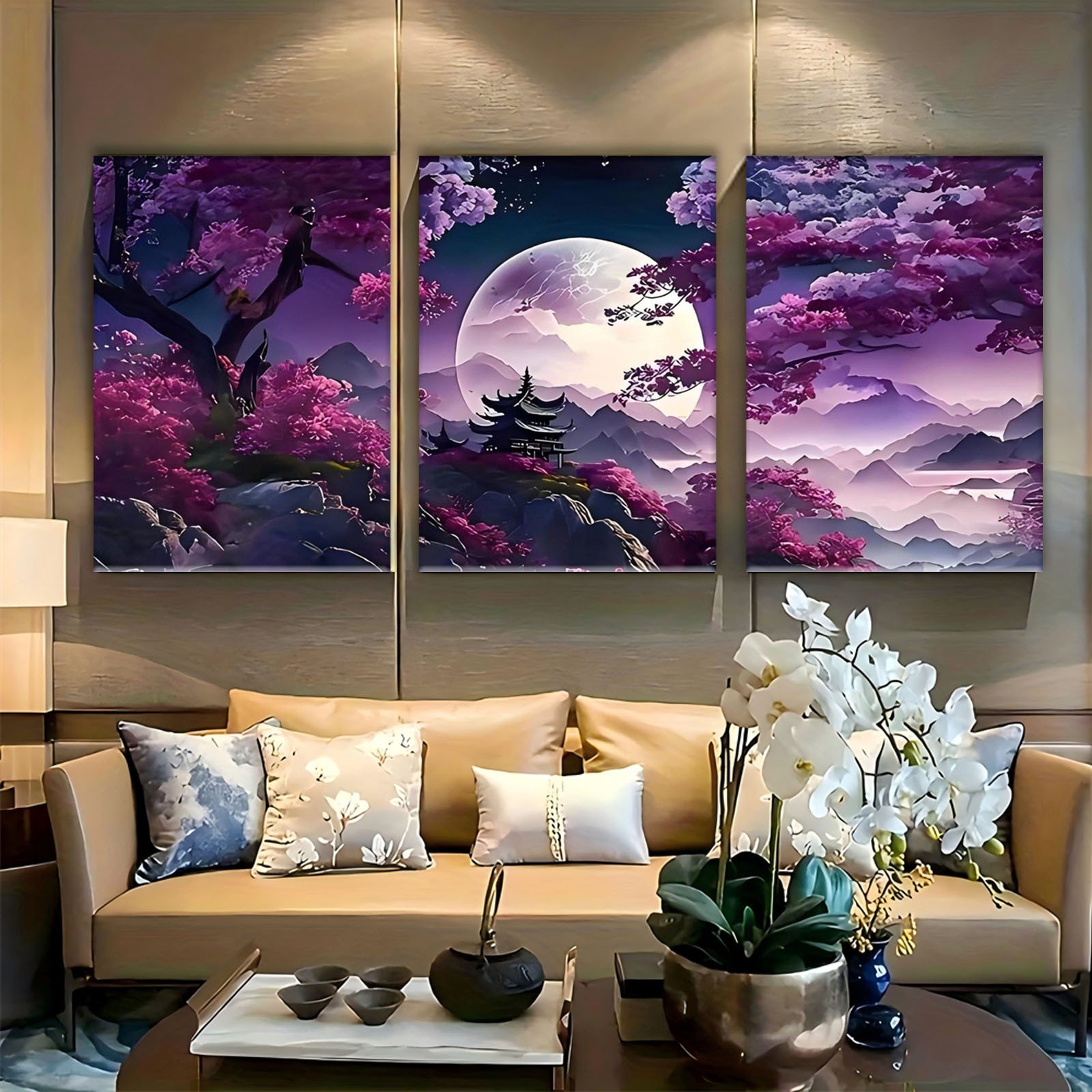 e85dc686ddf44d9d95edb9691d7b3abc-goods.jpeg 3pcs Rustic Wooden Framed Canvas Art, Modern abstract landscape oil painting, purple background, moon, tree, living room home art print wall, for Christmas poster - Image 1