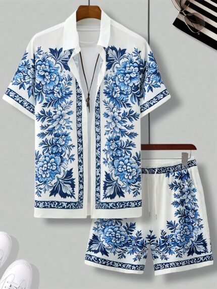 Men'S Two Sets of Floral Print Casual Button-Up + Drawstring Sports Shorts Two-Piece Hawaiian Beach Sports Styl