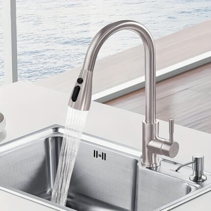 1pc Modern Brushed Nickel Kitchen Faucet Pull Down Sprayer - Durable Stainless Steel, Commercial Grade, RV Compatible, Easy to Install, Low Flow, Corrosion Resistant, Single Hole Mount, No Electricity Needed, Faucet for Kitchen Sink, Sleek Design, Corrosionresistant Material